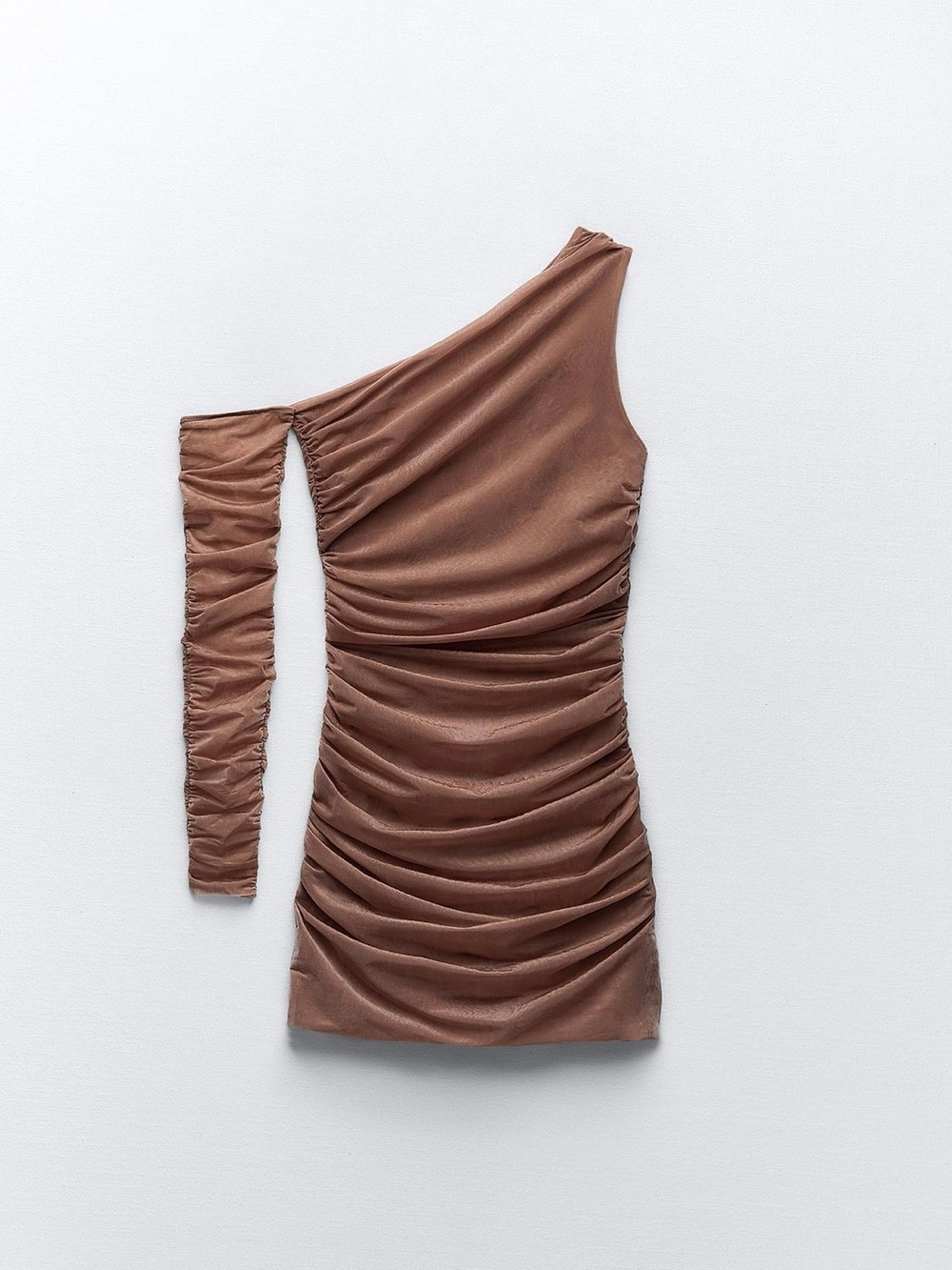 Zara One-Shoulder Ruched Mini Dress - Brown